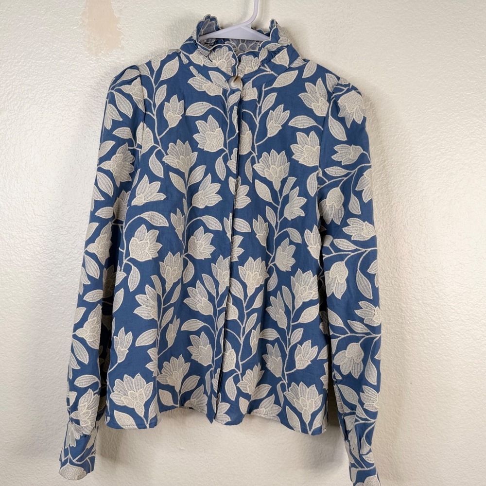 Sezane Women's Ambre Top Blue Ecru Embroidered Flowers Floral Top Size 38/Sz 6